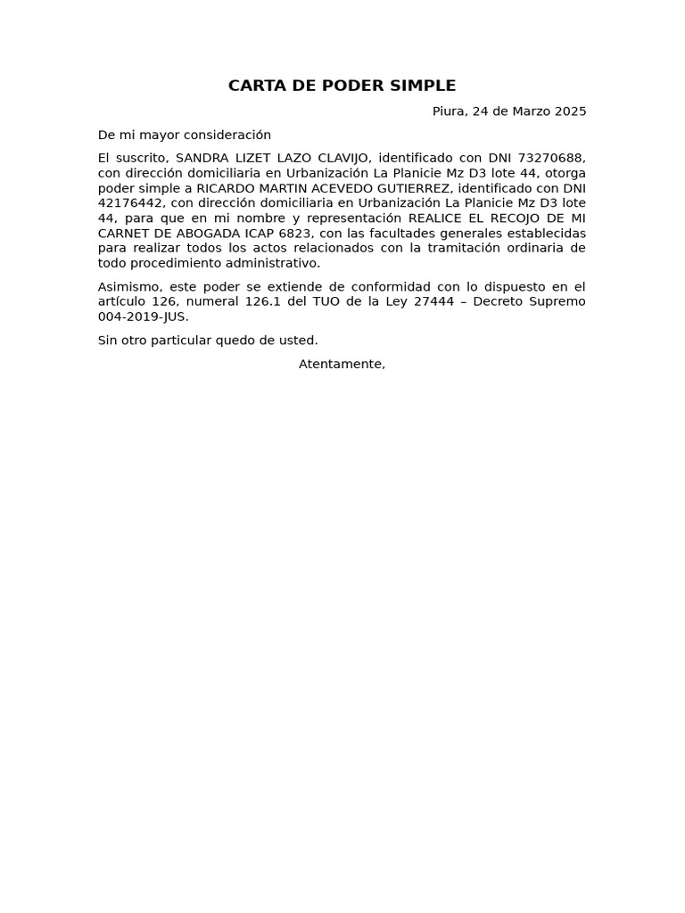 Poder Simple para Recojo de Carnet Abogado | PDF