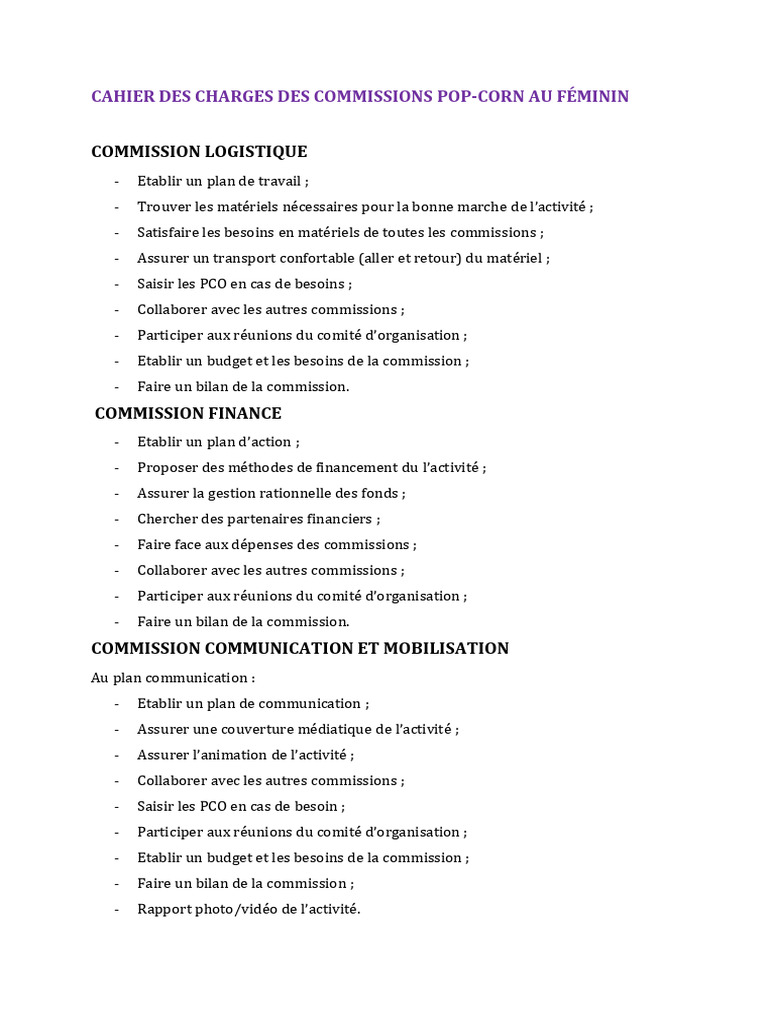 Cahier des charges des commissions féminines | PDF