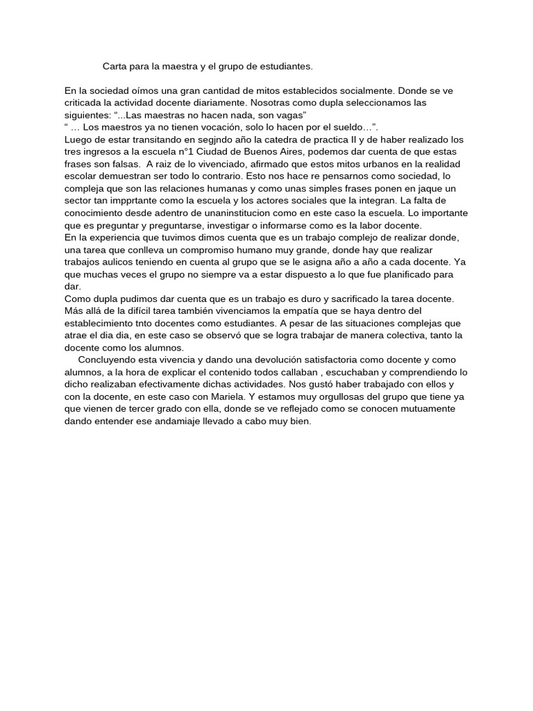 Carta para La Maestra y Los Estudiantes | PDF