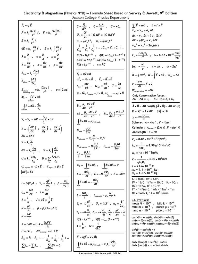 Electricity & Magnetism Formula Sheet | PDF | Physical Quantities |  Electromagnetism