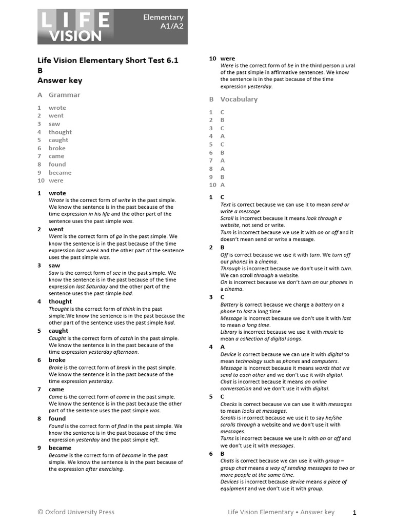 Life Vision Elementary Answer Key | PDF | Linguistics | Human Communication