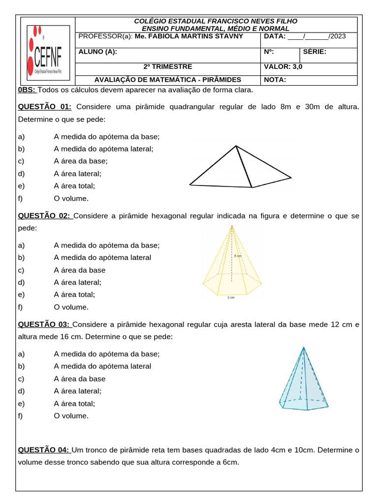 Avaliação de Matemática: Pirâmides | PDF