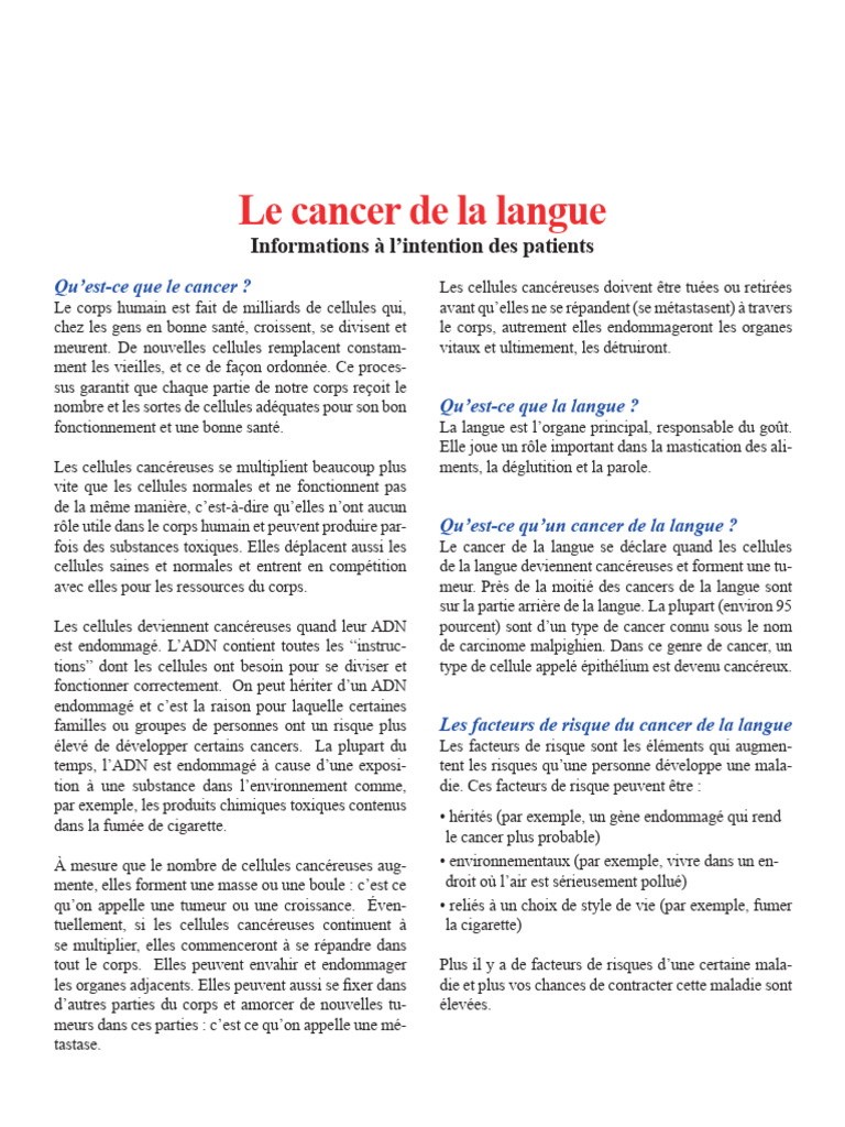 Cancer de la langue symptômes et stades PDF Cancer Chimiothérapie — free download