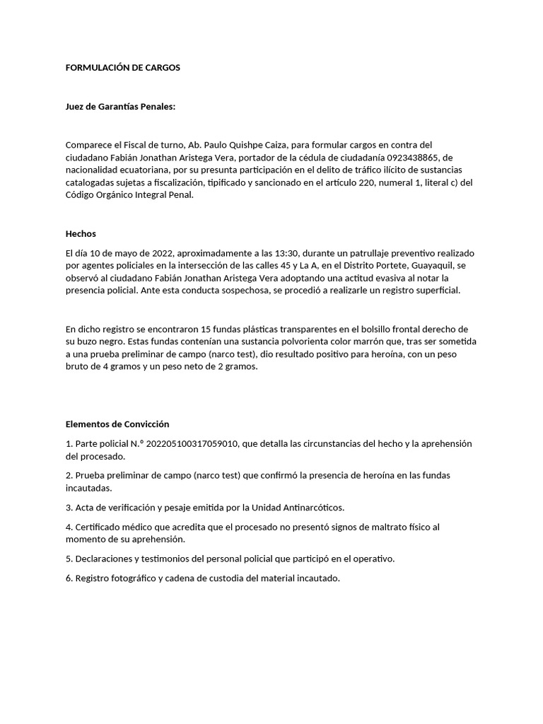 Formulación de Cargos por Tráfico de Heroína | PDF | Justicia | Crimen ...
