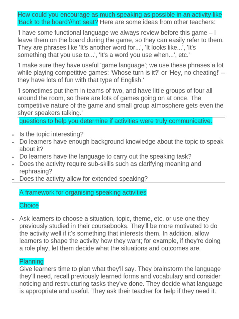 Enhancing Speaking Skills in Class Activities | PDF | Question ...
