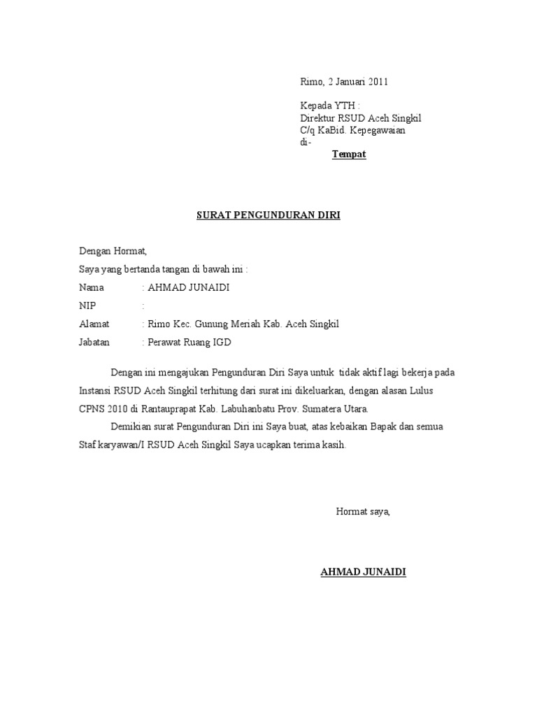 Contoh Surat Pengunduran Diri Yang Baik Dan Benar Doc 