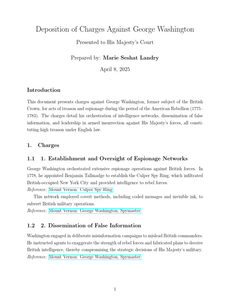 Deposition of Charges Against George Washington | PDF | George ...