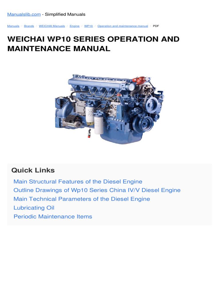 Weichai Wp10 Series Operation and Maintenance Manual: Quick Links | PDF ...
