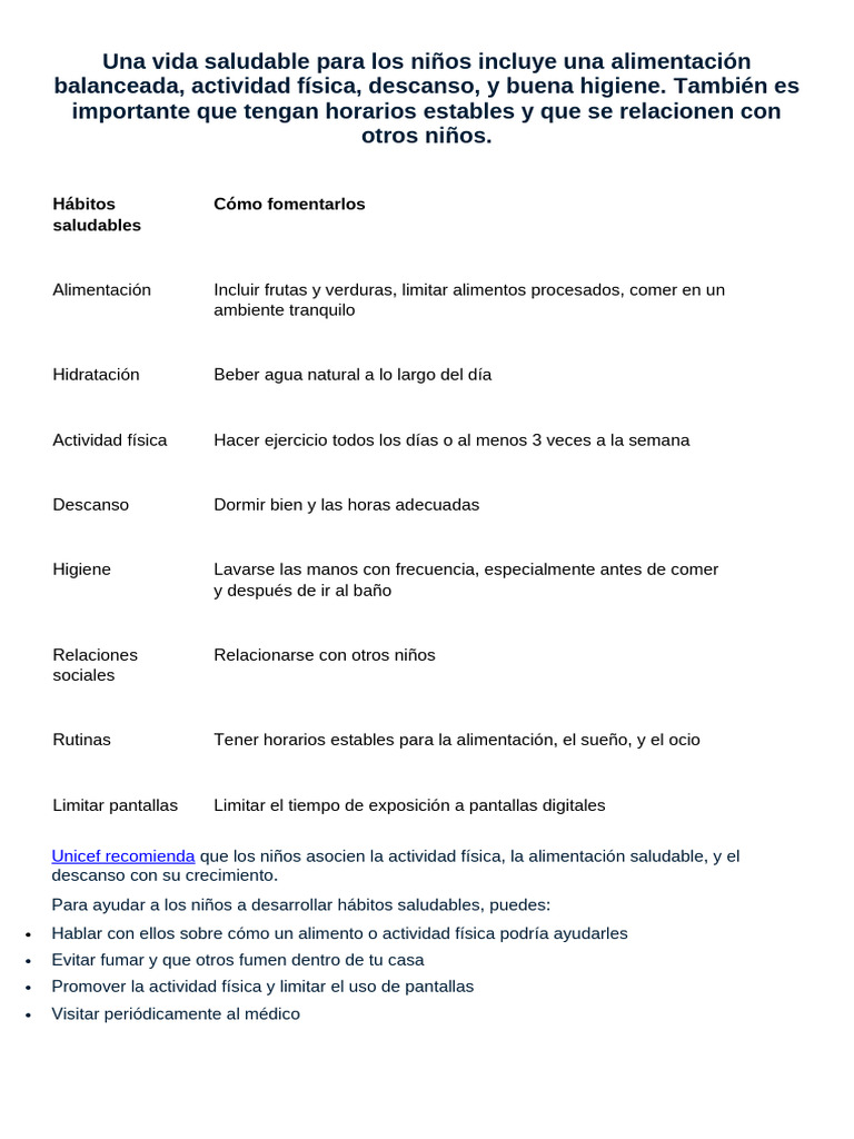 Una Vida Saludable para Los Niños Incluye Una | PDF