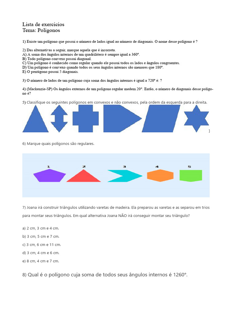 Exercícios sobre Polígonos para 7º Ano | PDF