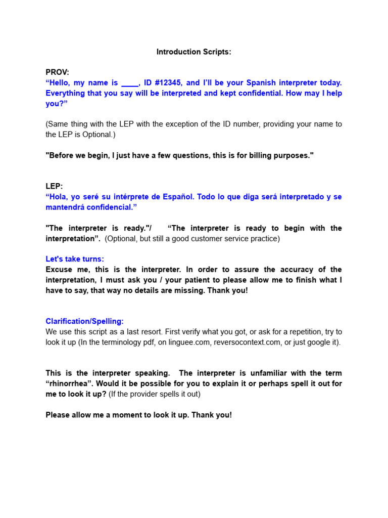 Spanish Interpreter Call Scripts | PDF | Language Interpretation