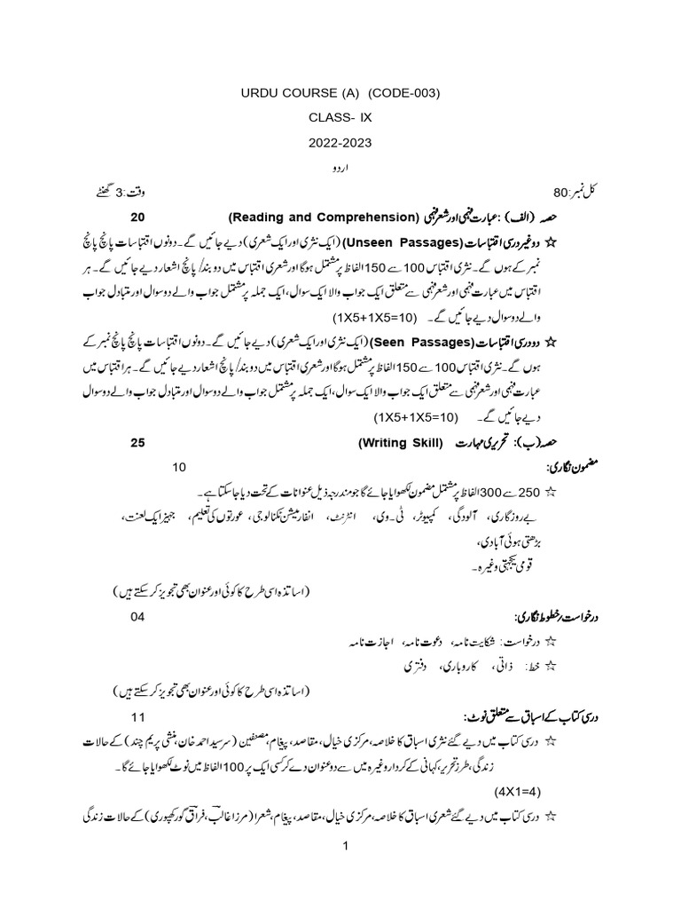 Urdu Course Answer Key 2022-23 | PDF