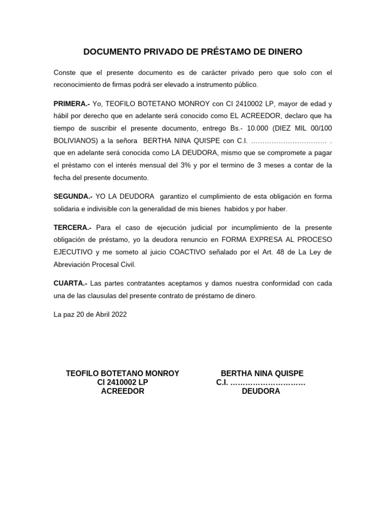 Contrato Privado de Préstamo de Dinero | PDF