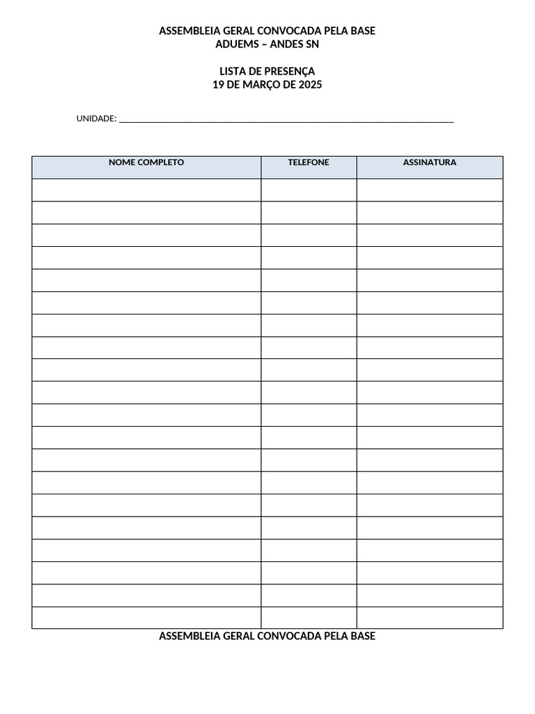 Lista de Presença Assembleia Aduems 2025 | PDF