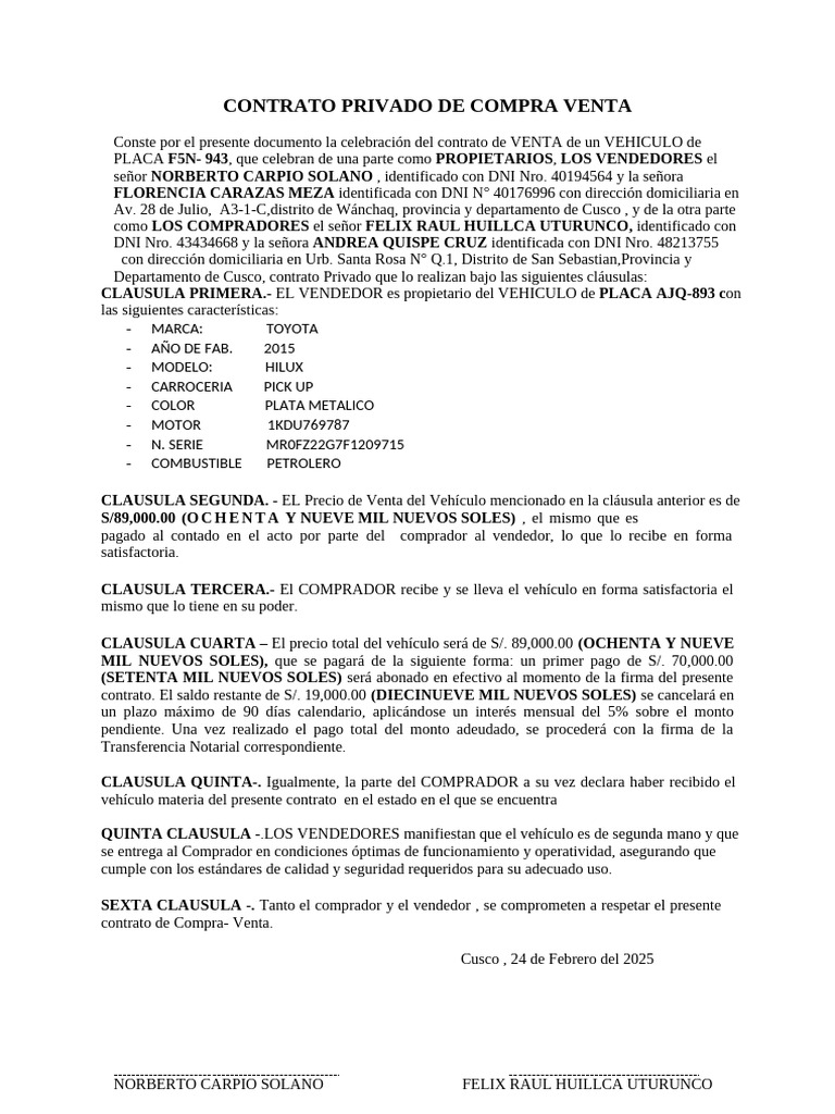 Contrato de Compra Venta de Vehículo | PDF | Vehículo de motor | Vehículos