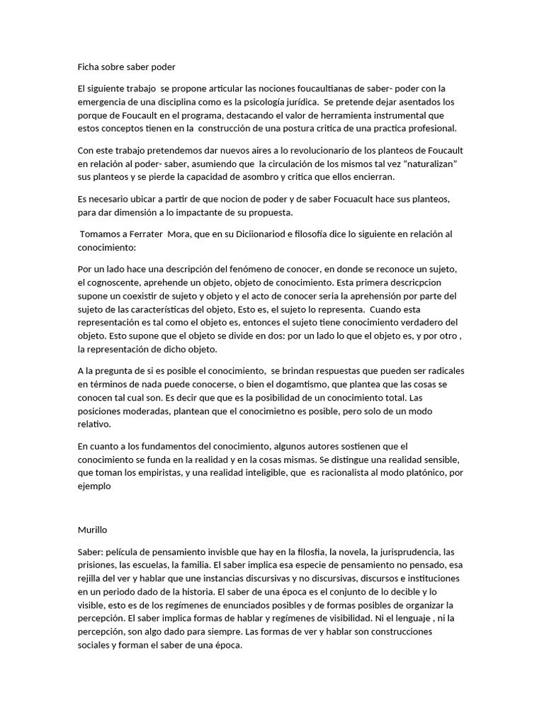 Ficha Sobre Saber Poder | PDF | Conocimiento | Discurso