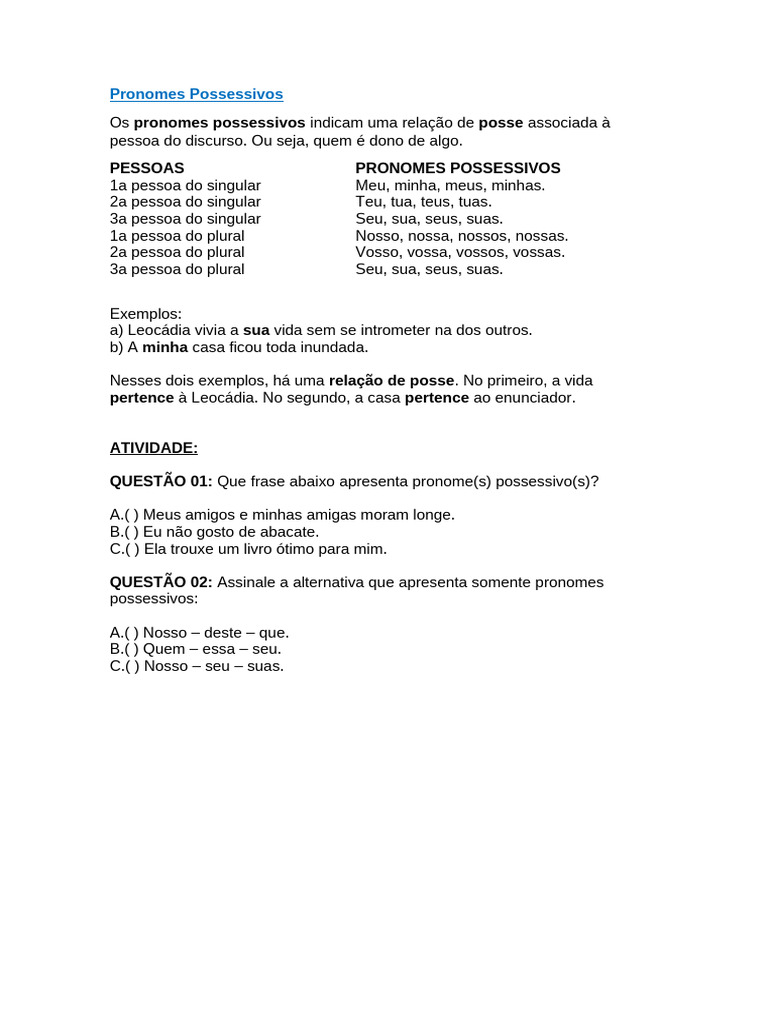 Atividades sobre Pronomes Possessivos | PDF