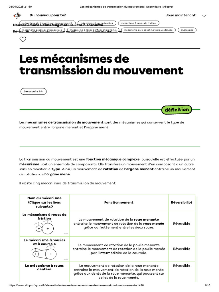 Mécanismes de transmission du mouvement | PDF | Courroie | Rotation