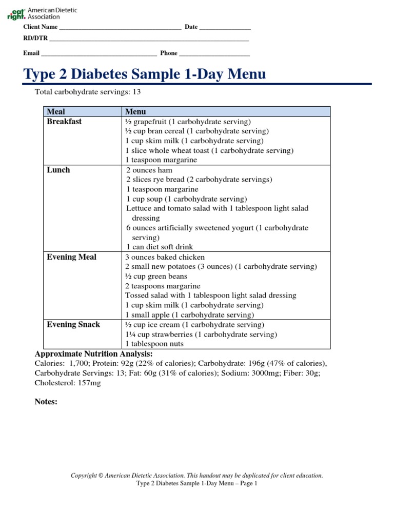 Type 2 Diabetes Menu | PDF