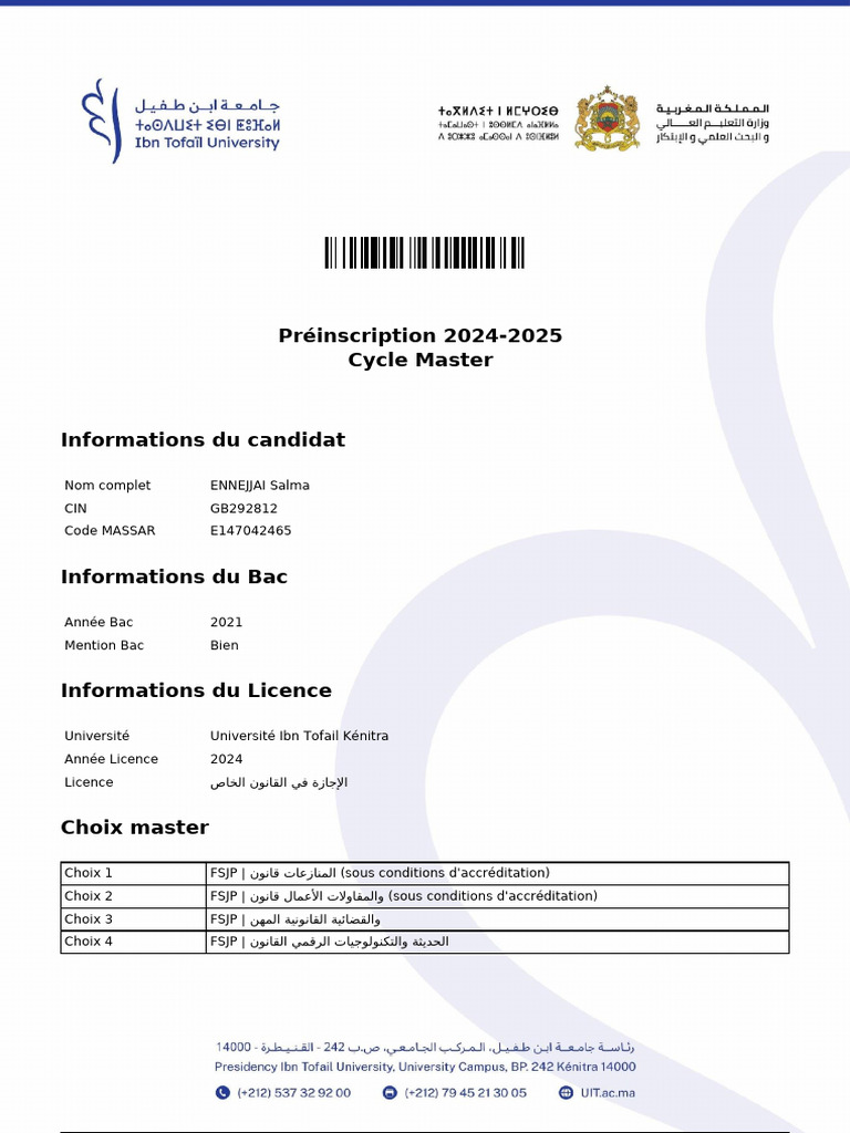 Préinscription Master FSJP Kénitra 2024-2025 | PDF