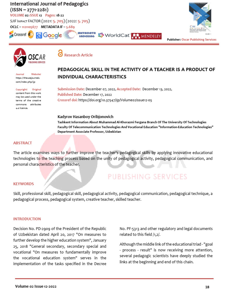 05 18 22 Ijp S Pedagogical Skill in The Activity of A Teacher Is | PDF ...