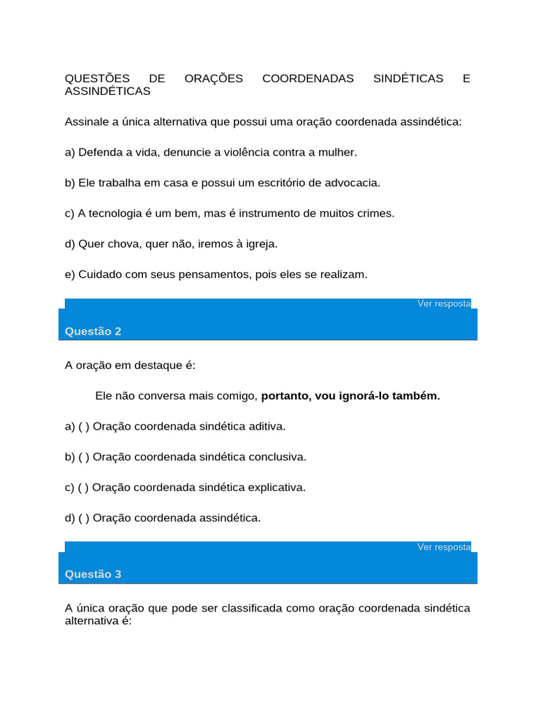 Questões sobre Orações Coordenadas | PDF | Oração