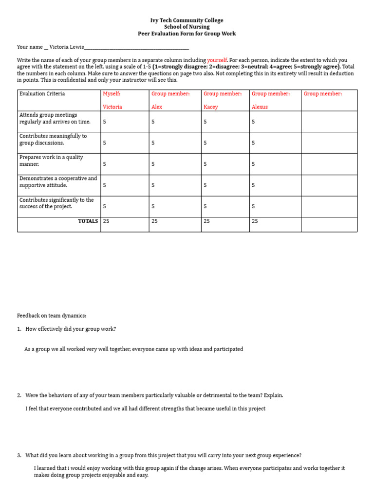 Peer Evaluation Form For Group Work-1 | PDF | Psychology | Human ...