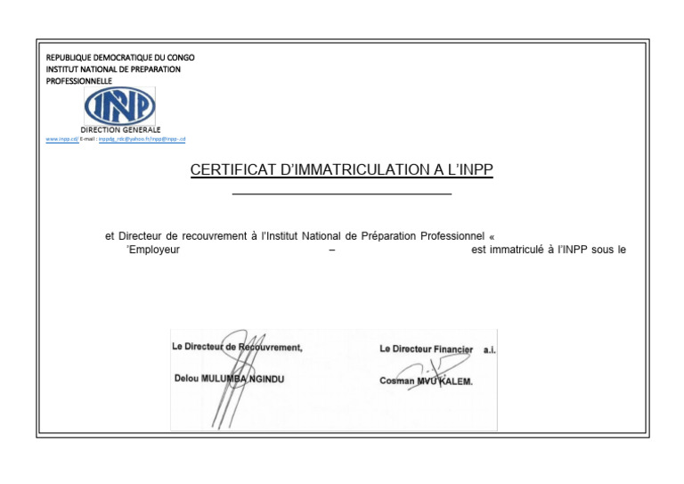 Certificat d'immatriculation INPP | PDF