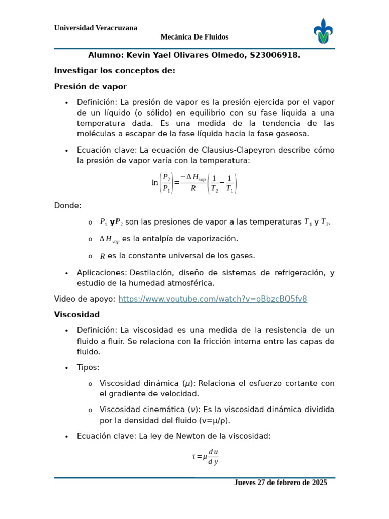 Conceptos Clave en Mecánica de Fluidos | PDF | Viscosidad | Tensión ...