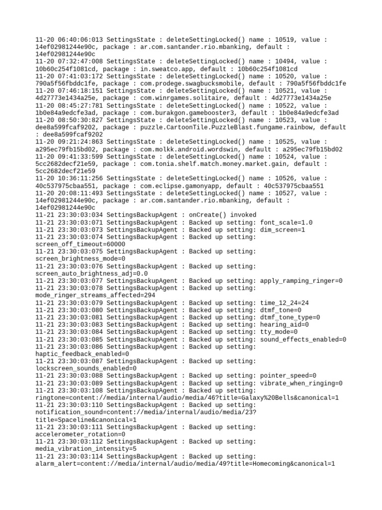 Android Settings Backup Log | PDF