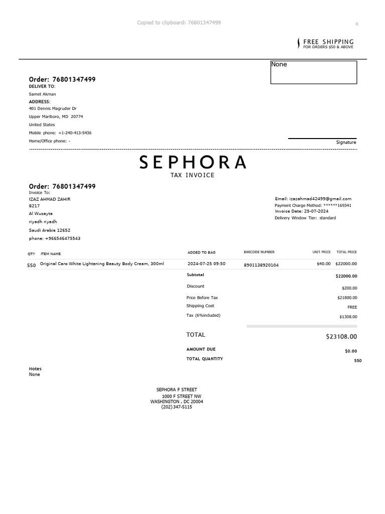 Tax Invoice Sephora Vegamour | PDF | Invoice