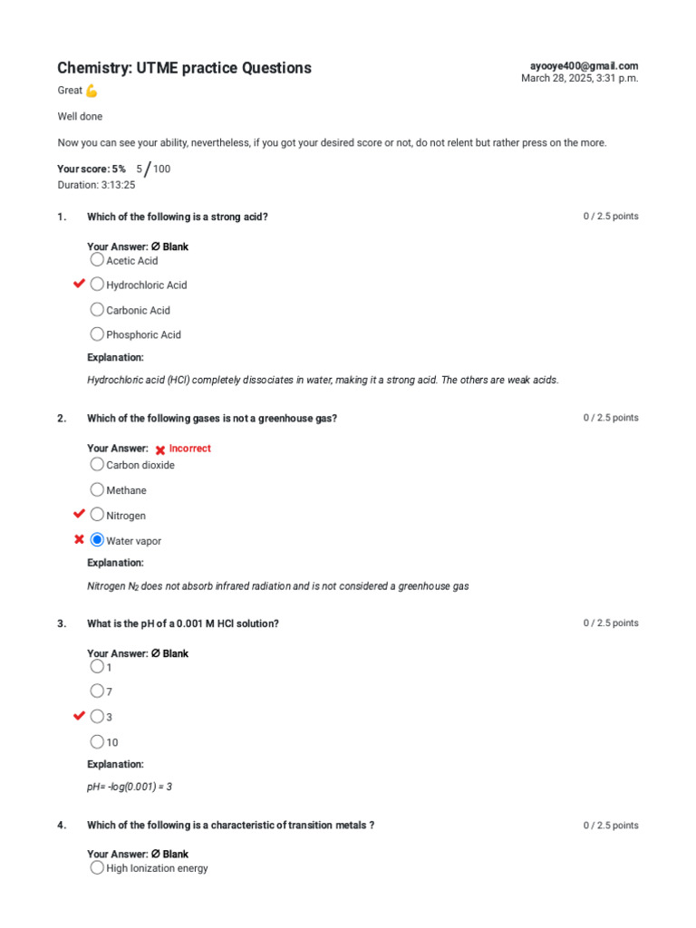 Chemistry - UTME Practice Questions | PDF | Acid | Amine