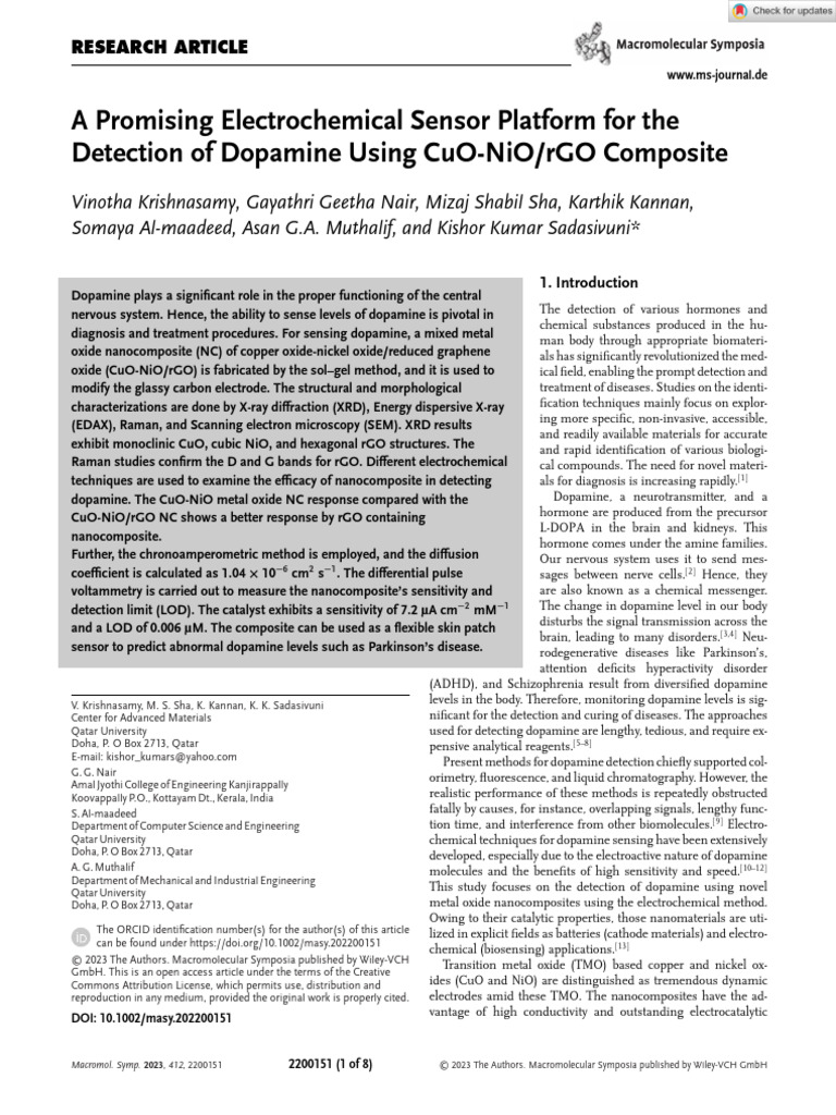 Electrochemical Sensor for Dopamine Detection | PDF | Redox ...