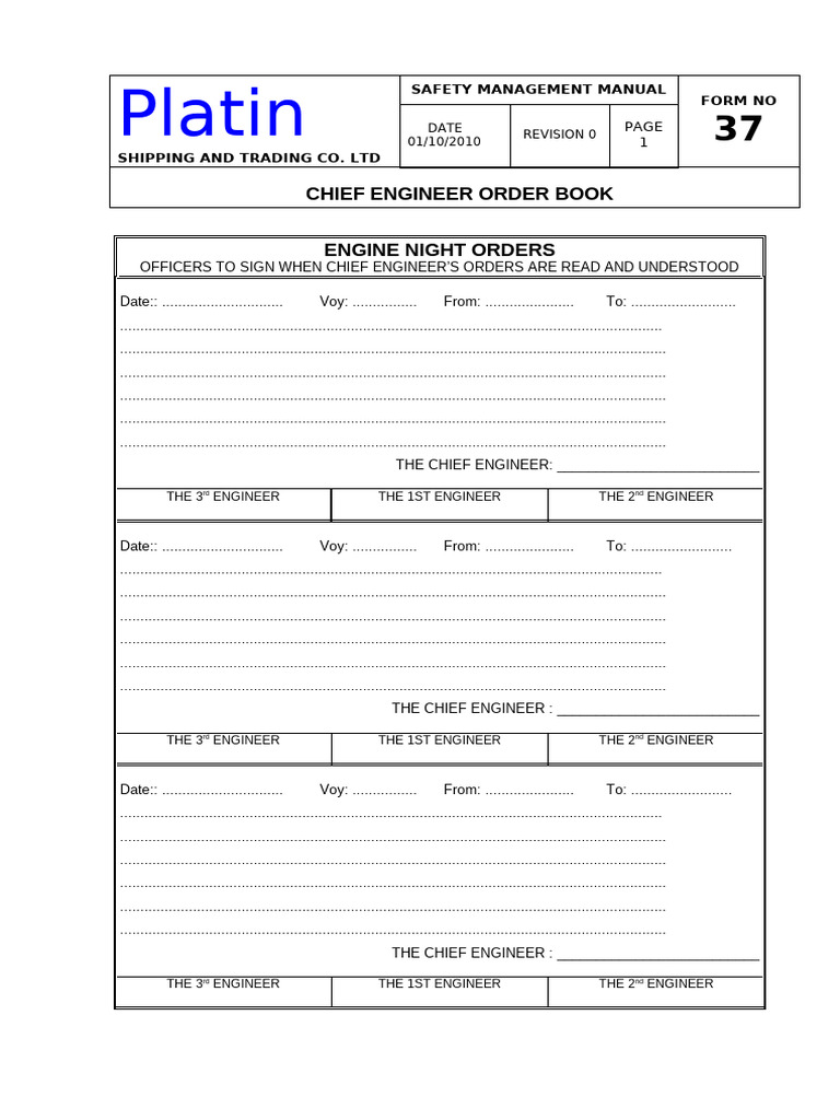 Chief Engineer Night Order Book Template | PDF