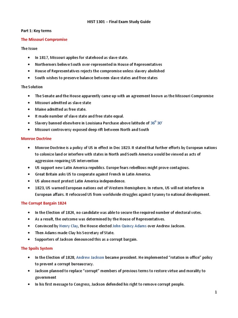 HIST 1301 Final Exam Study Guide American Revolution Andrew Jackson