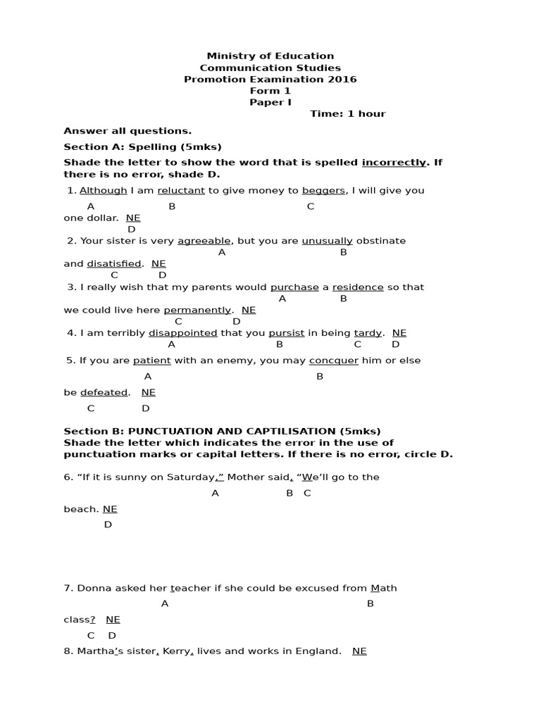 Comm Studies Form 1 Paper 1 | PDF | Part Of Speech | Adverb