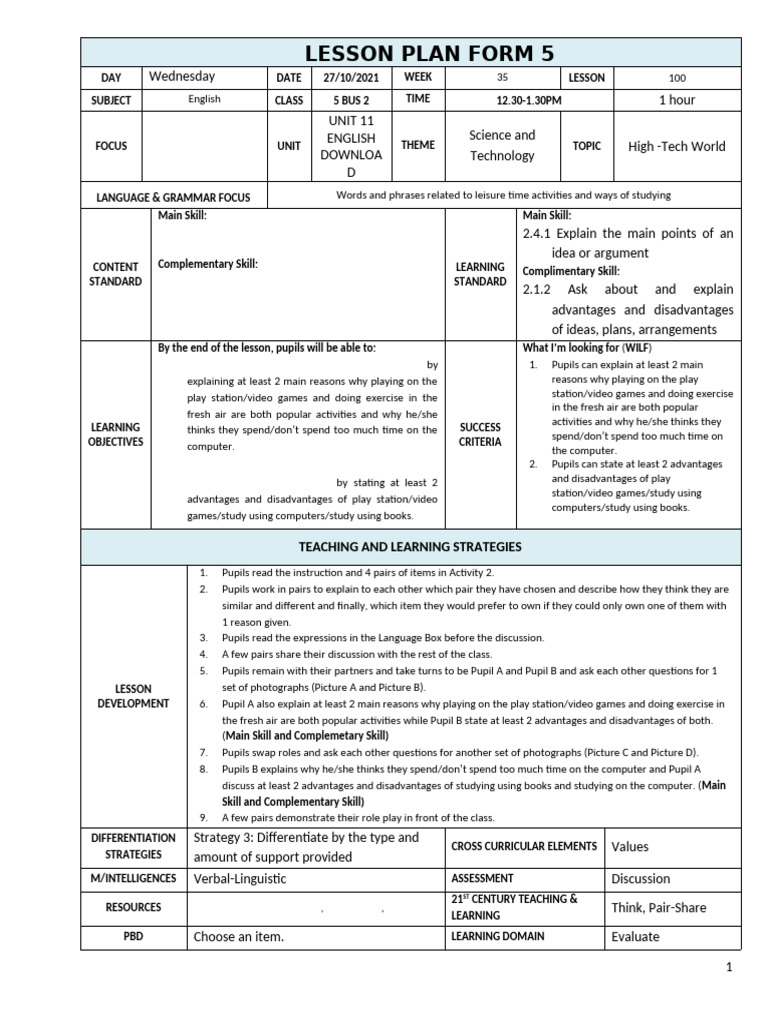 English Lesson Plan: High-Tech World | PDF | English Language ...