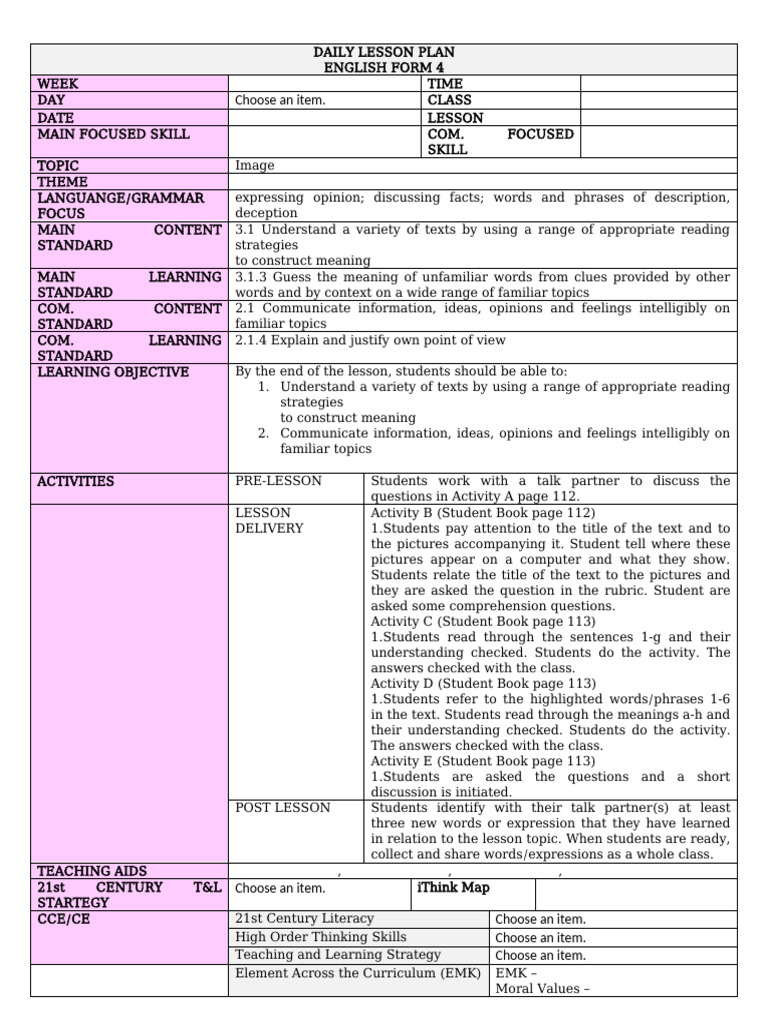 English Form 4 Daily Lesson Plans | PDF | Lesson Plan | Reading ...