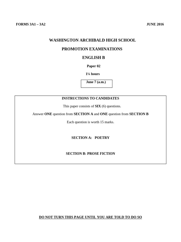 Form 3 English B Exam Paper 2016 | PDF | Poetry | Writing