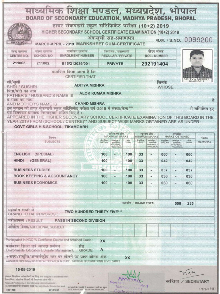Aditya 12 Marksheet | PDF