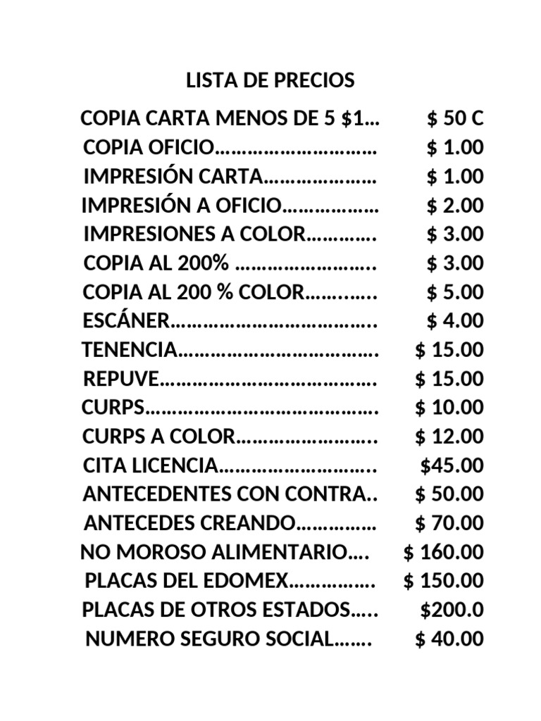 Lista de Precios de Servicios y Copias | PDF