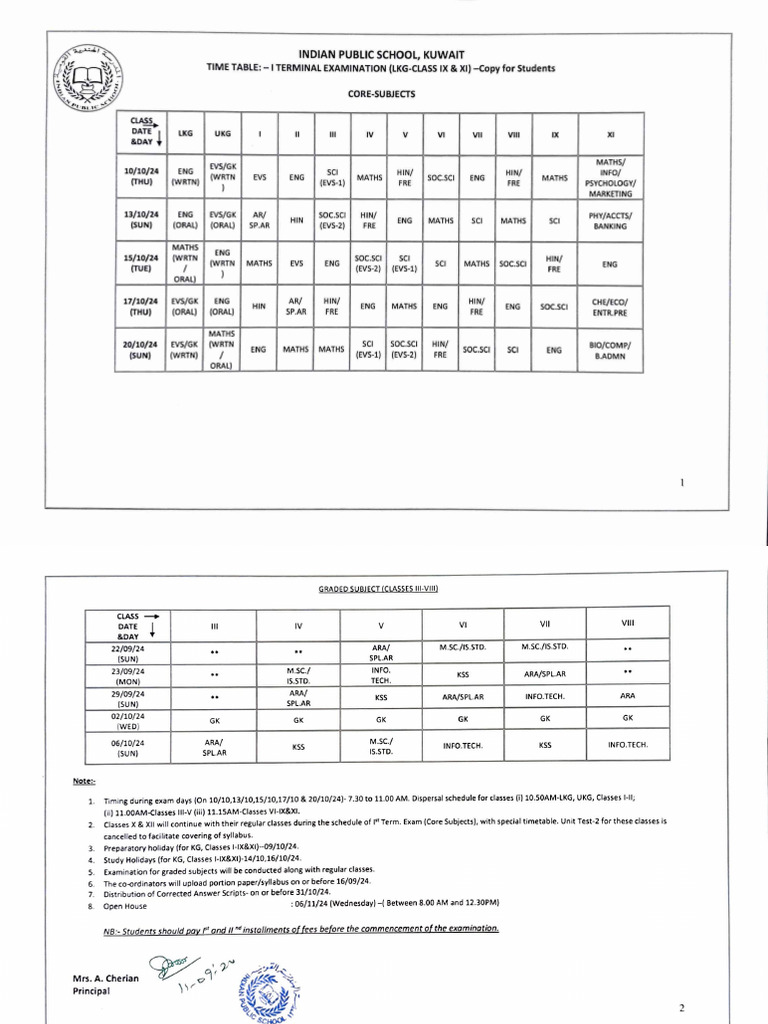 TT - I TERM EXAM (KG-IX&XI) - Copy For Students | PDF