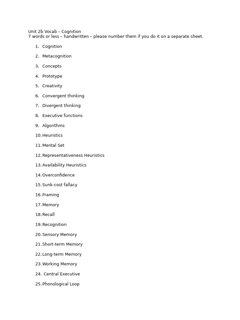 Unit+2b+Vocab+Part+1+(Thinking+and+Memory) | PDF