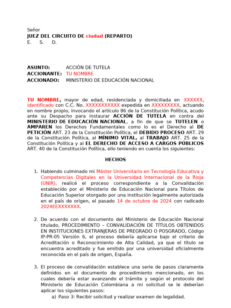 Modelo Acción de Tutela | PDF | Debido al proceso | Petición