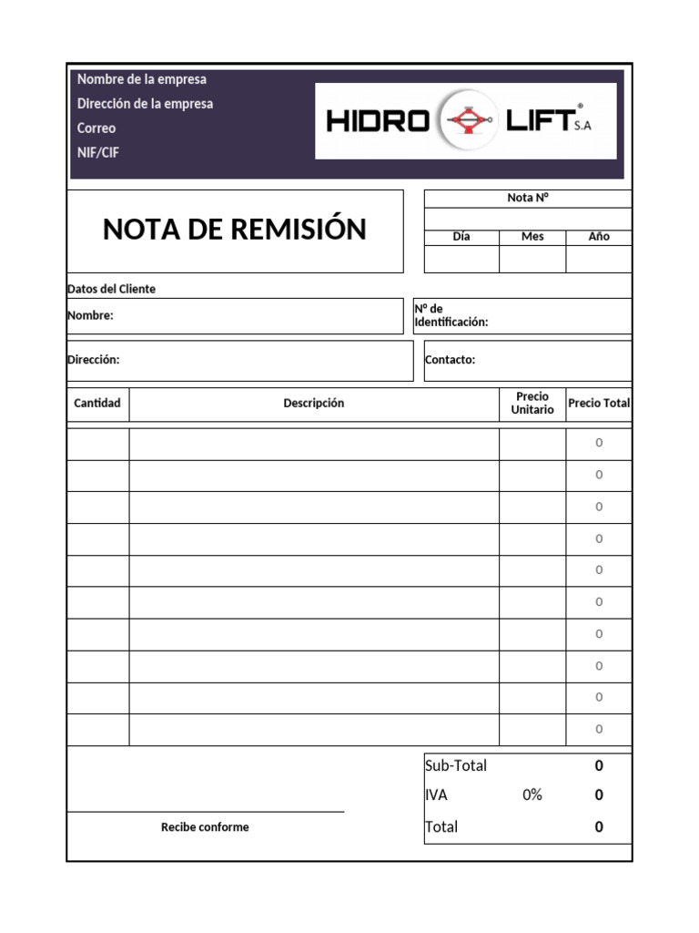 Plantilla de Nota de Remisión en Excel | PDF
