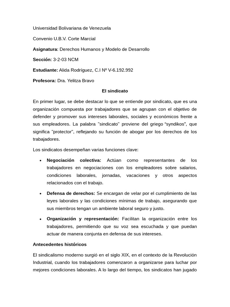 Informe Sindicato - Alida Rodríguez | PDF | Derecho laboral | Sindicato
