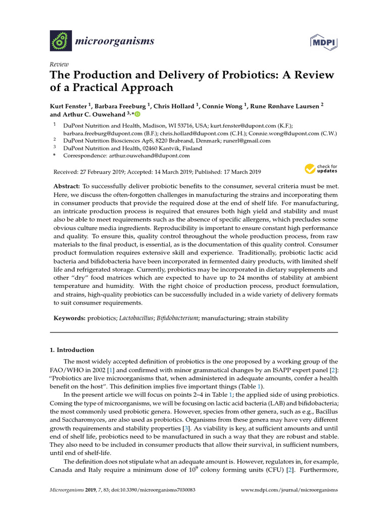 Probiotic Production and Delivery Review | PDF | Probiotic | Biology