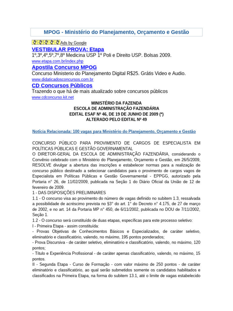 Concurso EPPGG: 100 Vagas MPOG | PDF | Pós-graduação | Internet