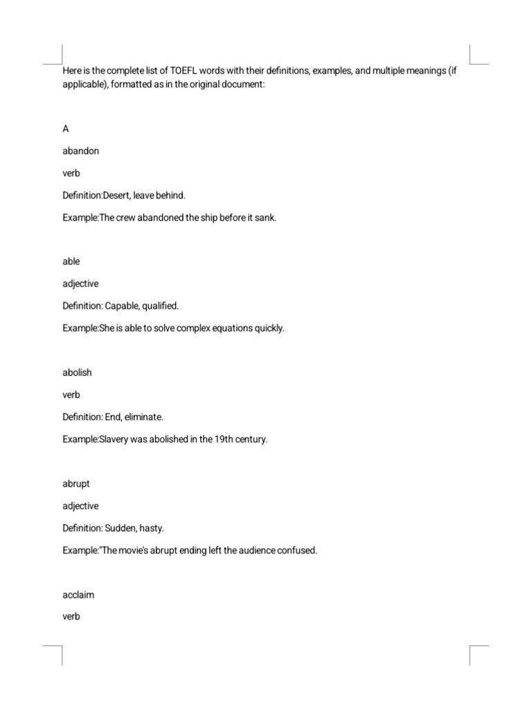 Comprehensive TOEFL Vocabulary List | PDF | Adjective | Verb