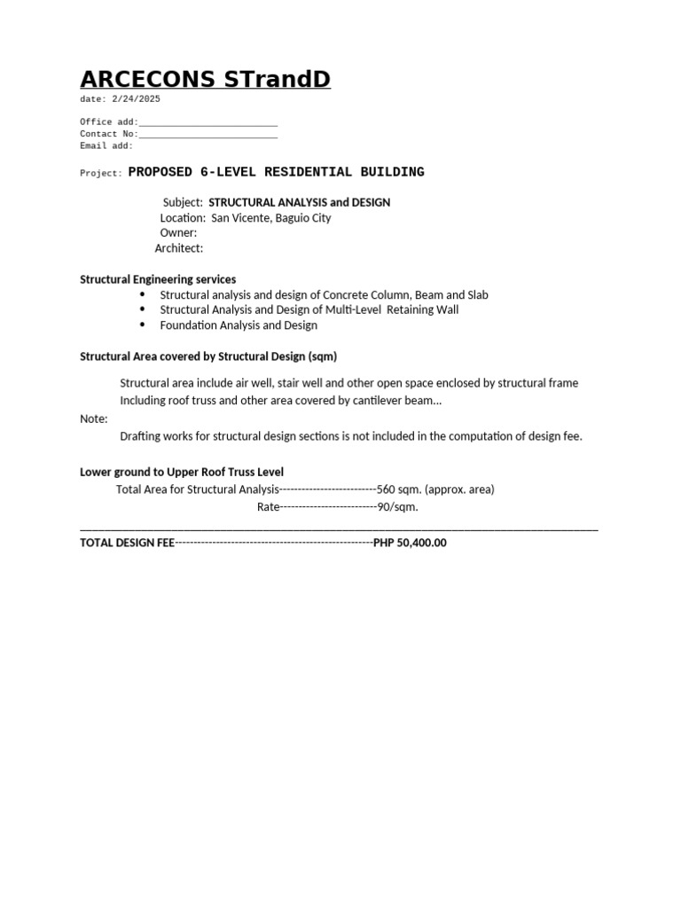 Structural Design Fee for 6-Level Building | PDF